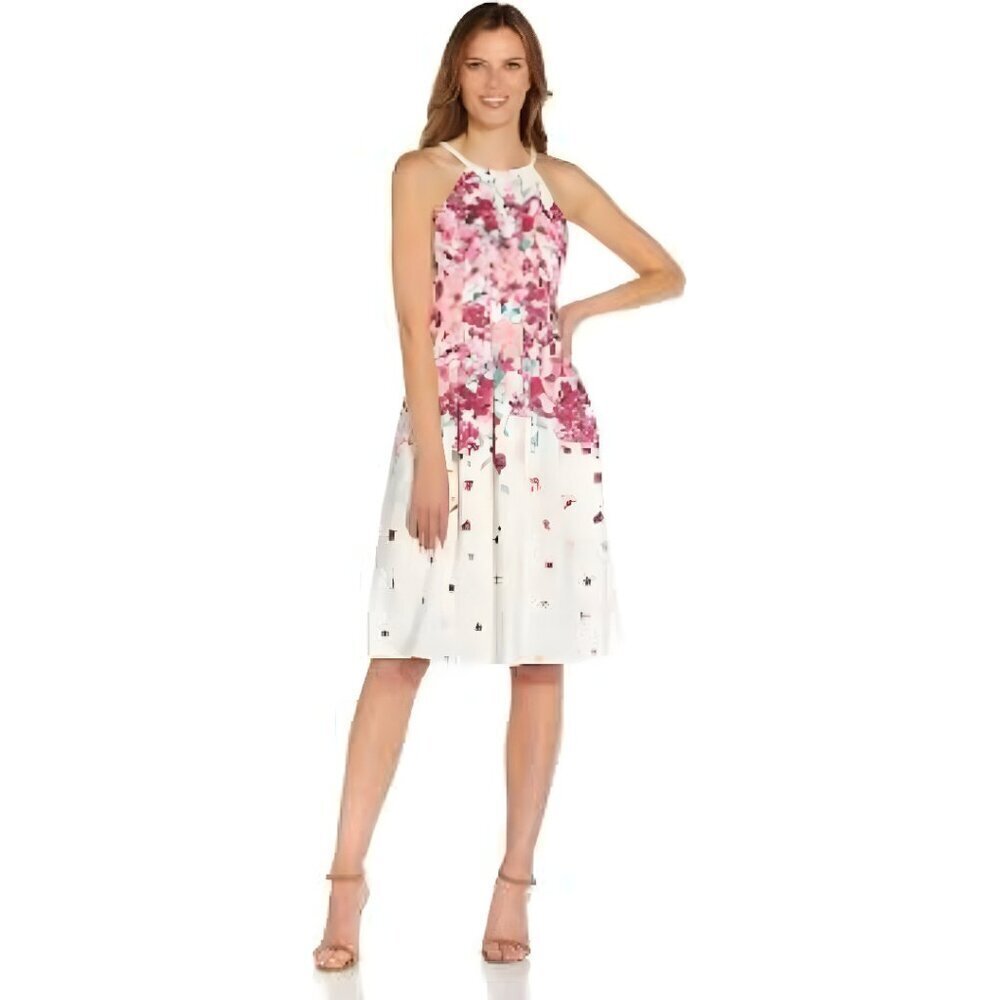 New! Adrianna Papell White Pink Floral Fit & Flare Dress Size 4 26742